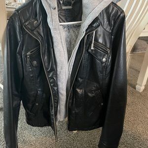 Black faux leather coat with detachable hood